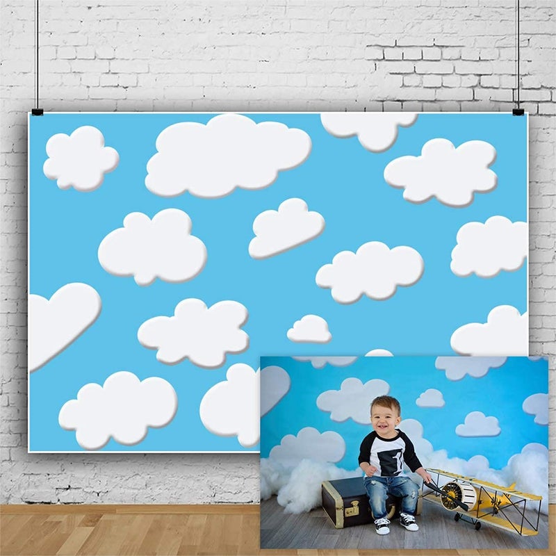 Laeacco 10x6.5ft Cartoon Blue Sky White Clouds Background Cute Clouds Kids Birthday Party Background Newborn Baby Shower Dessert Table Banner Boy Baby Shower Party Decoration Children Photo Studio - Image 3